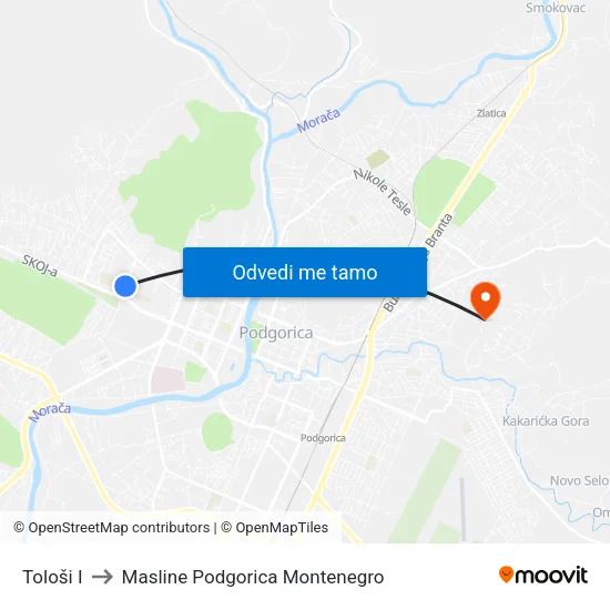 Tološi I to Masline Podgorica Montenegro map