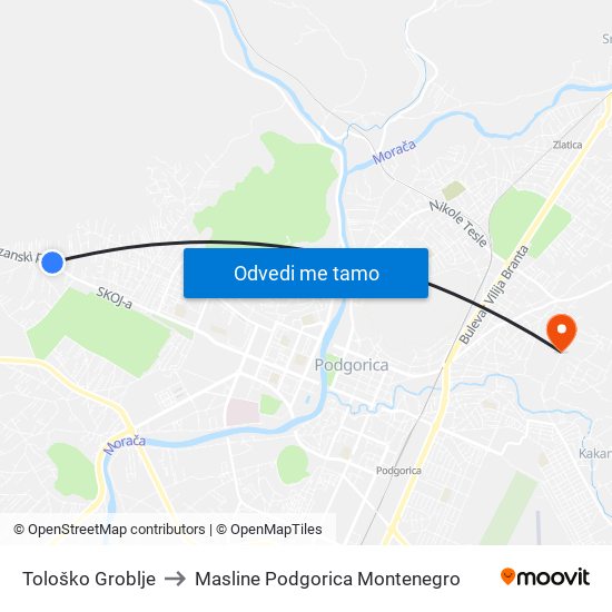 Tološko Groblje to Masline Podgorica Montenegro map
