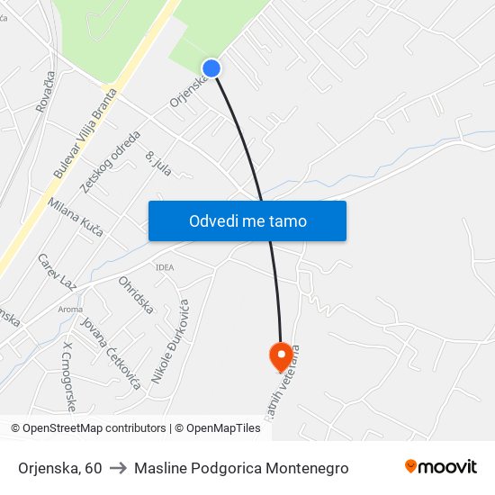 Orjenska, 60 to Masline Podgorica Montenegro map