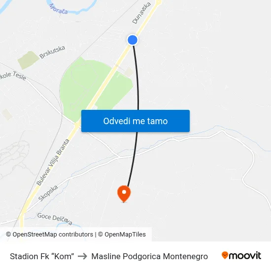Stadion Fk “Kom” to Masline Podgorica Montenegro map