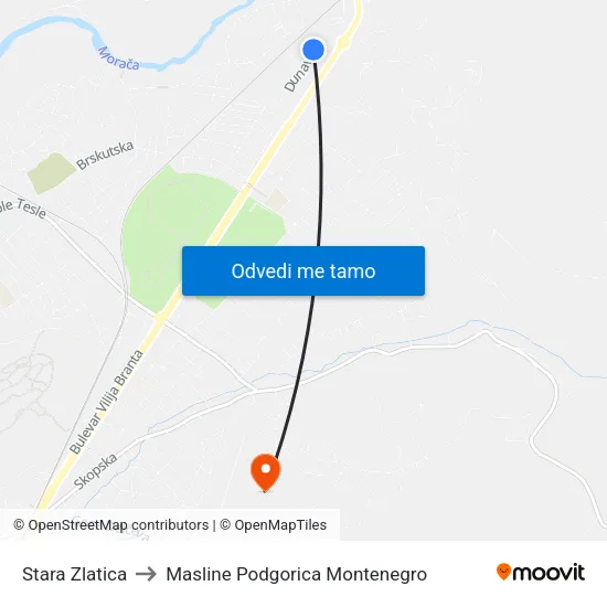 Stara Zlatica to Masline Podgorica Montenegro map