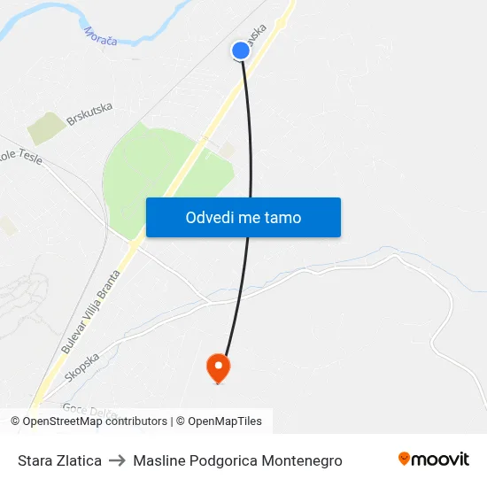 Stara Zlatica to Masline Podgorica Montenegro map