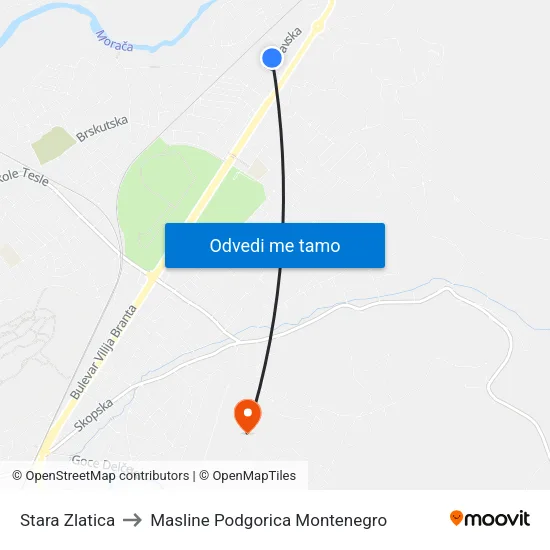 Stara Zlatica to Masline Podgorica Montenegro map