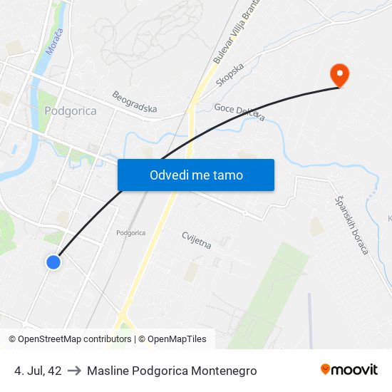 4. Jul, 42 to Masline Podgorica Montenegro map