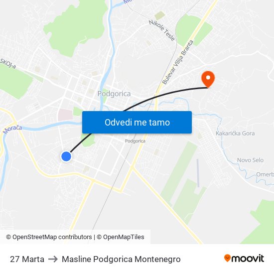 27 Marta to Masline Podgorica Montenegro map