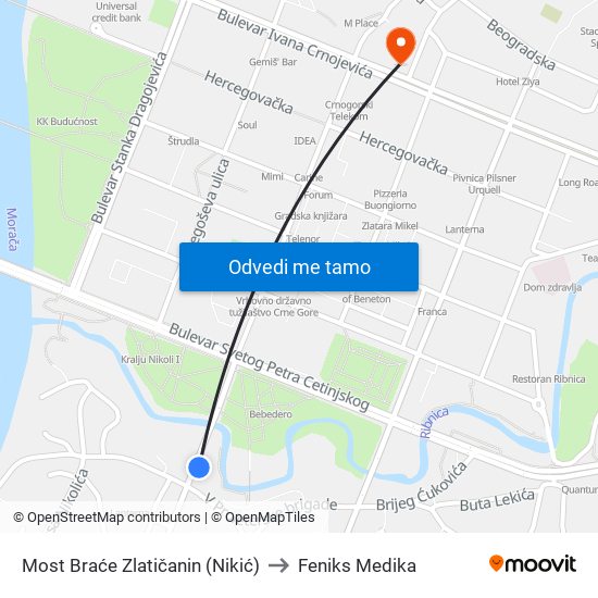 Most Braće Zlatičanin (Nikić) to Feniks Medika map
