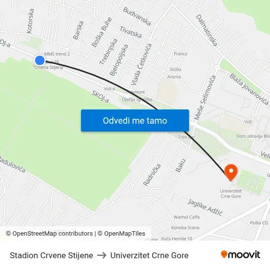 Stadion Crvene Stijene to Univerzitet Crne Gore map