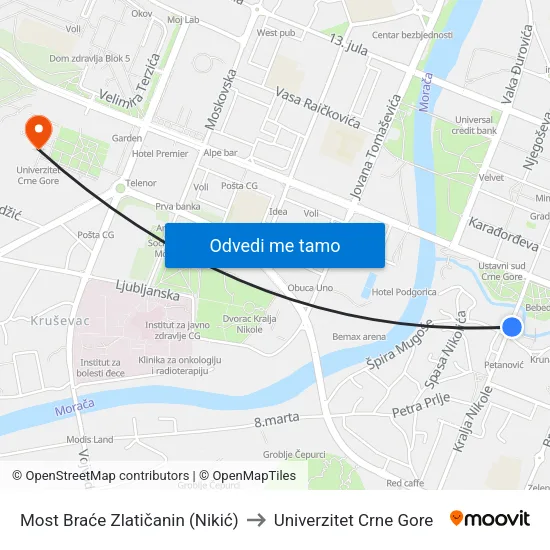 Most Braće Zlatičanin (Nikić) to Univerzitet Crne Gore map