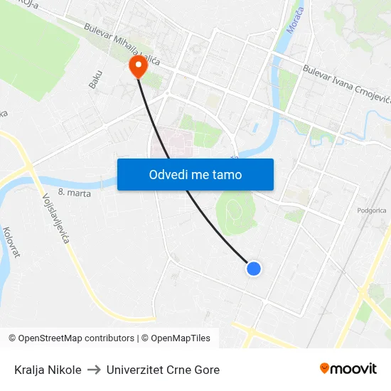 Kralja Nikole to Univerzitet Crne Gore map