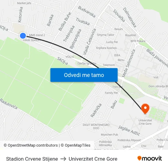 Stadion Crvene Stijene to Univerzitet Crne Gore map