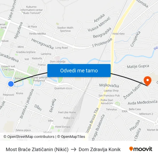 Most Braće Zlatičanin (Nikić) to Dom Zdravlja Konik map