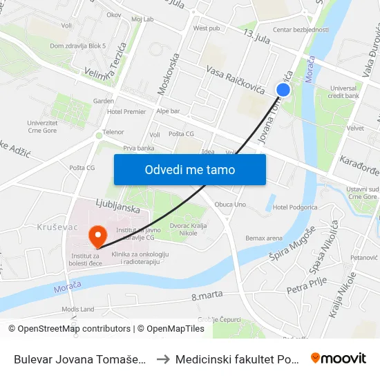 Bulevar Jovana Tomaševića, 27 to Medicinski fakultet Podgorica map