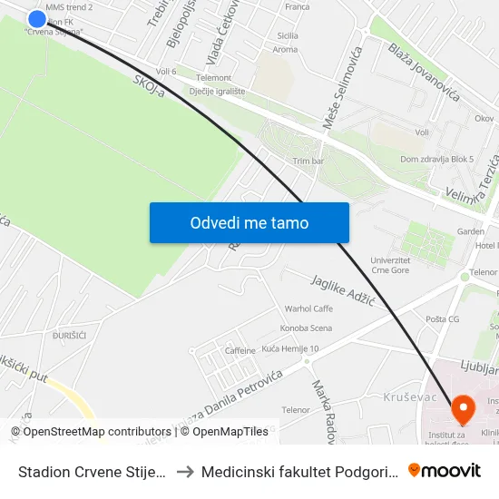 Stadion Crvene Stijene to Medicinski fakultet Podgorica map