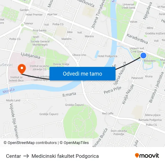 Centar to Medicinski fakultet Podgorica map