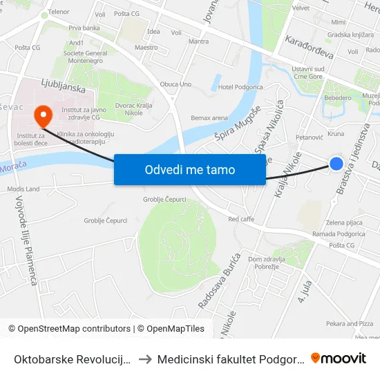 Oktobarske Revolucije II to Medicinski fakultet Podgorica map