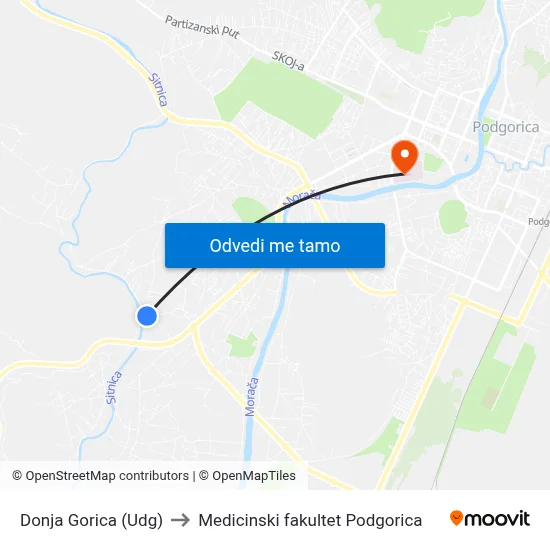 Donja Gorica (Udg) to Medicinski fakultet Podgorica map