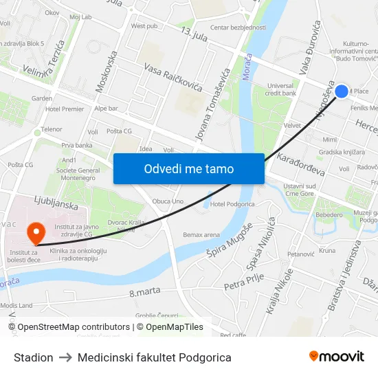 Stadion to Medicinski fakultet Podgorica map