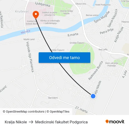 Kralja Nikole to Medicinski fakultet Podgorica map