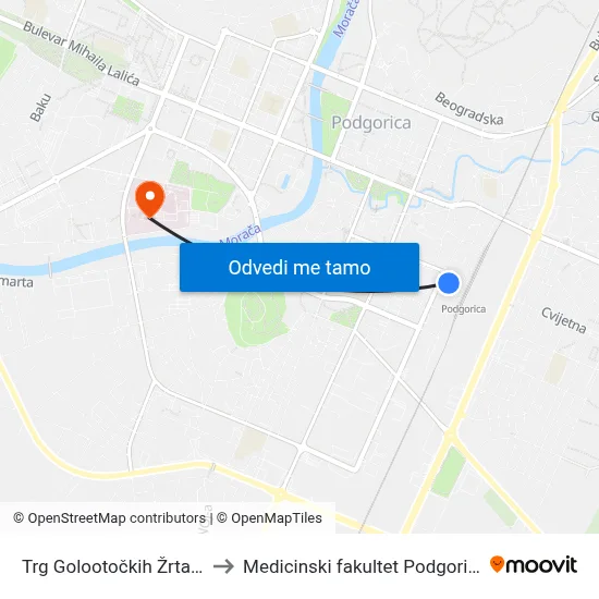 Trg Golootočkih Žrtava to Medicinski fakultet Podgorica map