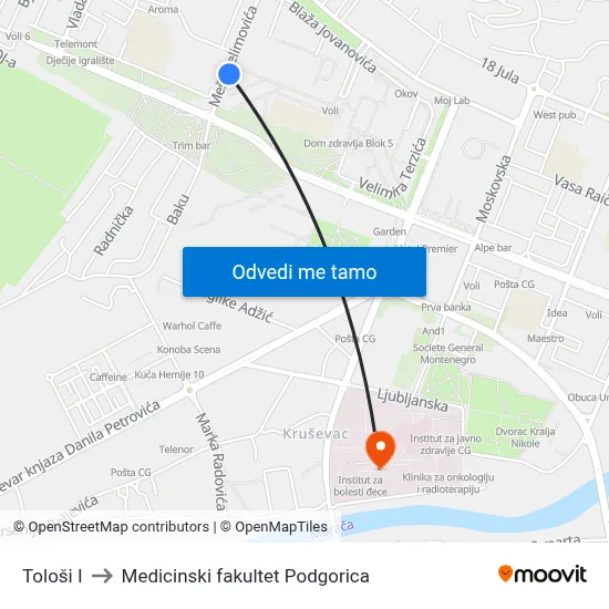 Tološi I to Medicinski fakultet Podgorica map