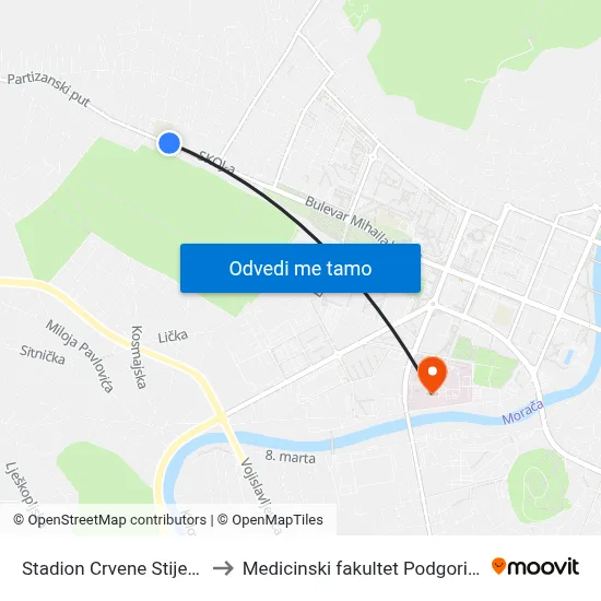 Stadion Crvene Stijene to Medicinski fakultet Podgorica map