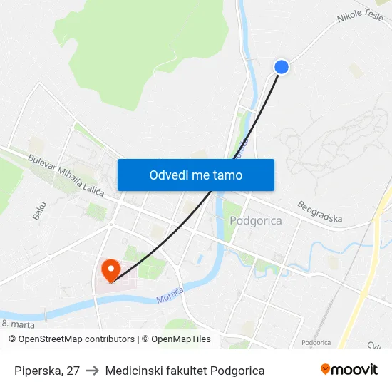 Piperska, 27 to Medicinski fakultet Podgorica map