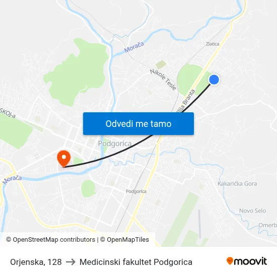 Orjenska, 128 to Medicinski fakultet Podgorica map