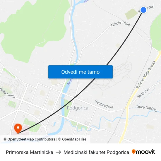 Primorska Martinićka to Medicinski fakultet Podgorica map