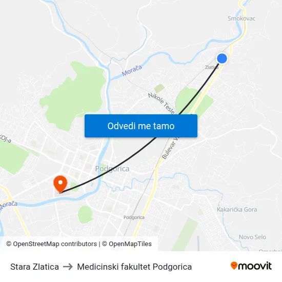 Stara Zlatica to Medicinski fakultet Podgorica map