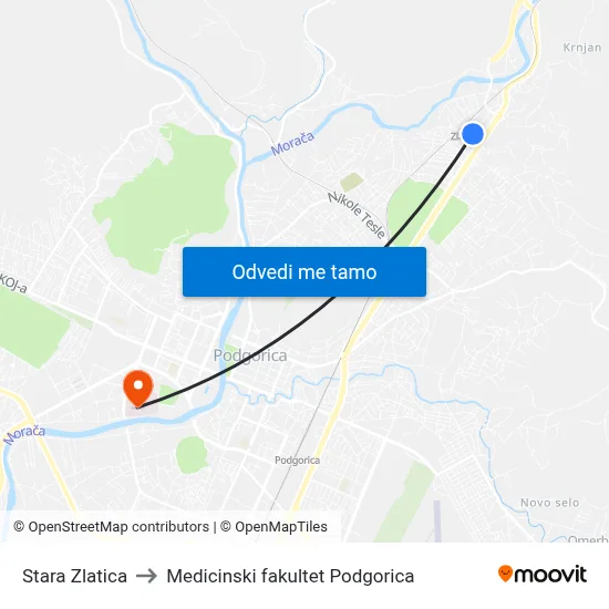 Stara Zlatica to Medicinski fakultet Podgorica map