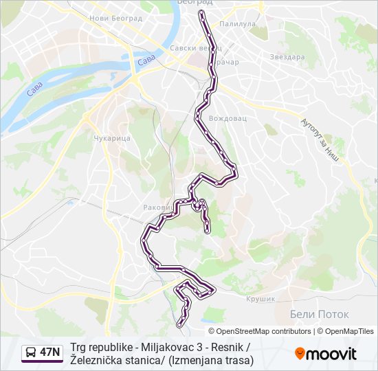 47N autobus mapa linije