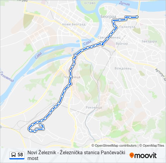 58 Trasa: Redovi vožnje, stajališta i mape - Novi Železnik - Železnička ...