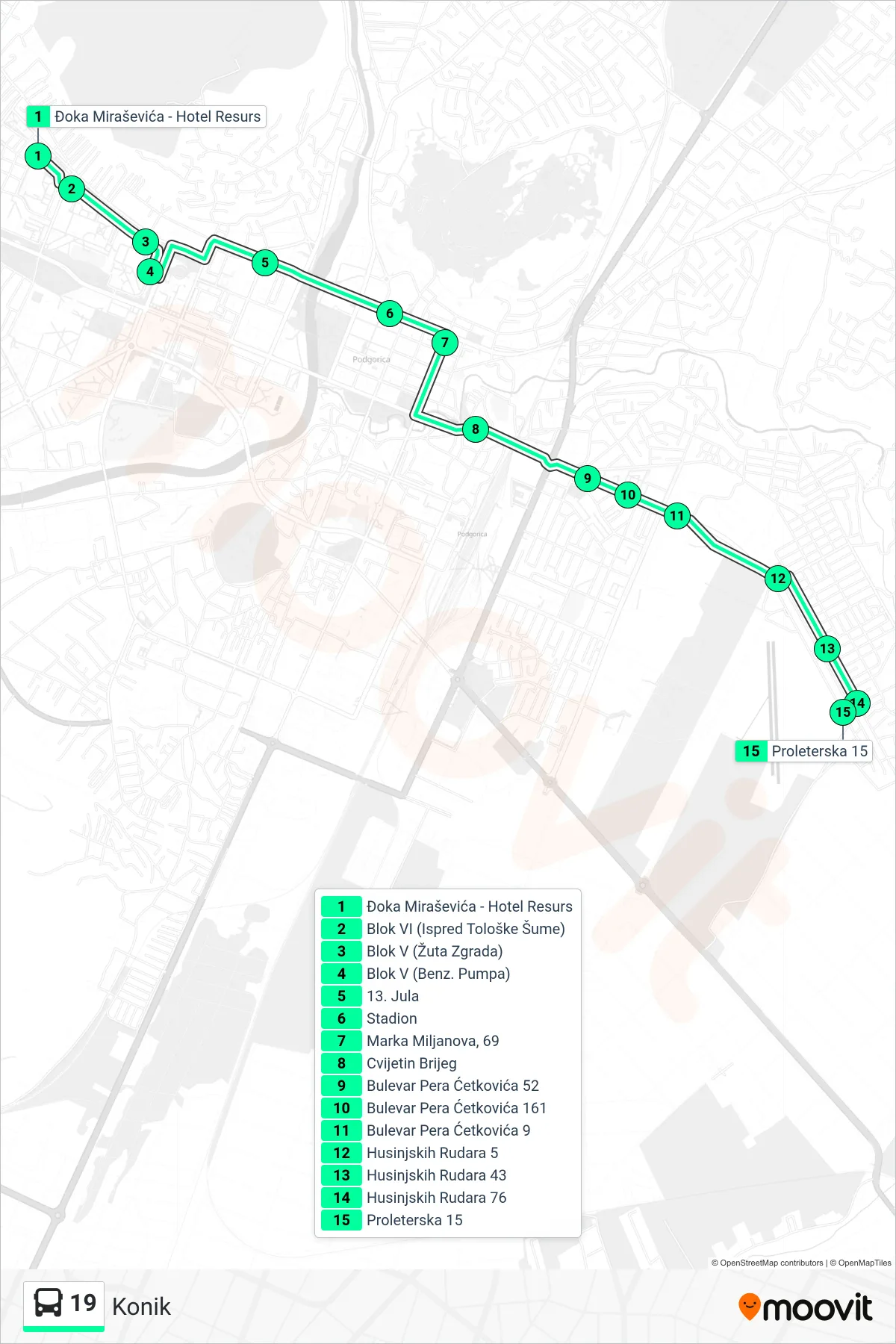 Linija 19 autobus, (Konik) – trasa i stajališta na mapi