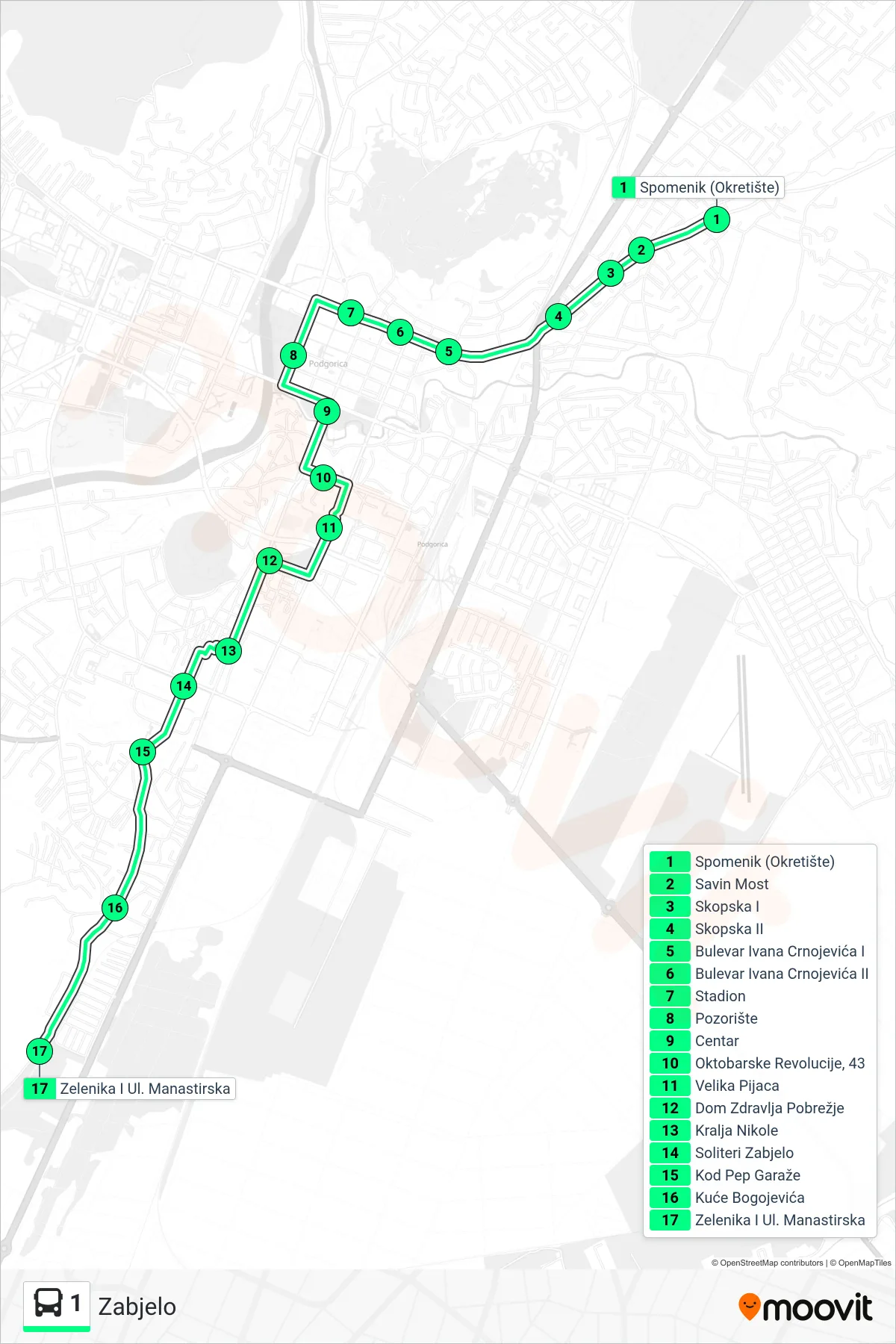 Linija 1 autobus, (Zabjelo) – trasa i stajališta na mapi