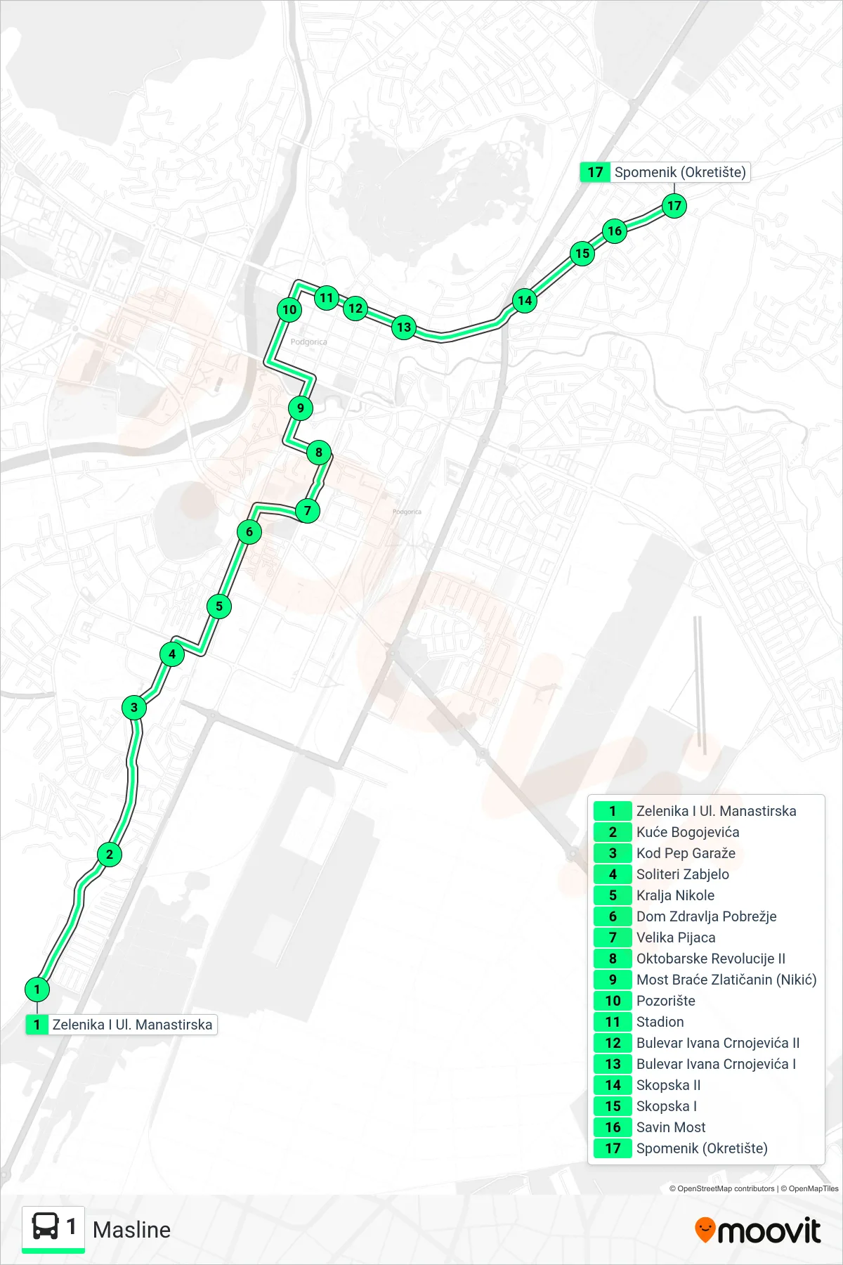 Linija 1 autobus, (Masline) – trasa i stajališta na mapi