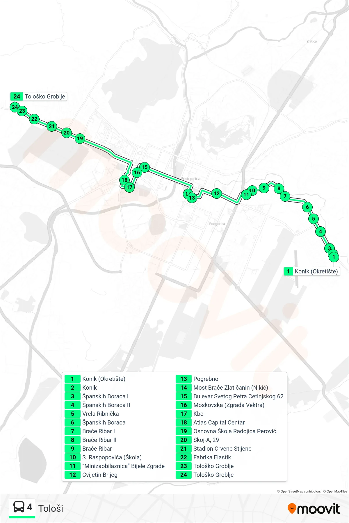 Linija 4 autobus, (Tološi) – trasa i stajališta na mapi