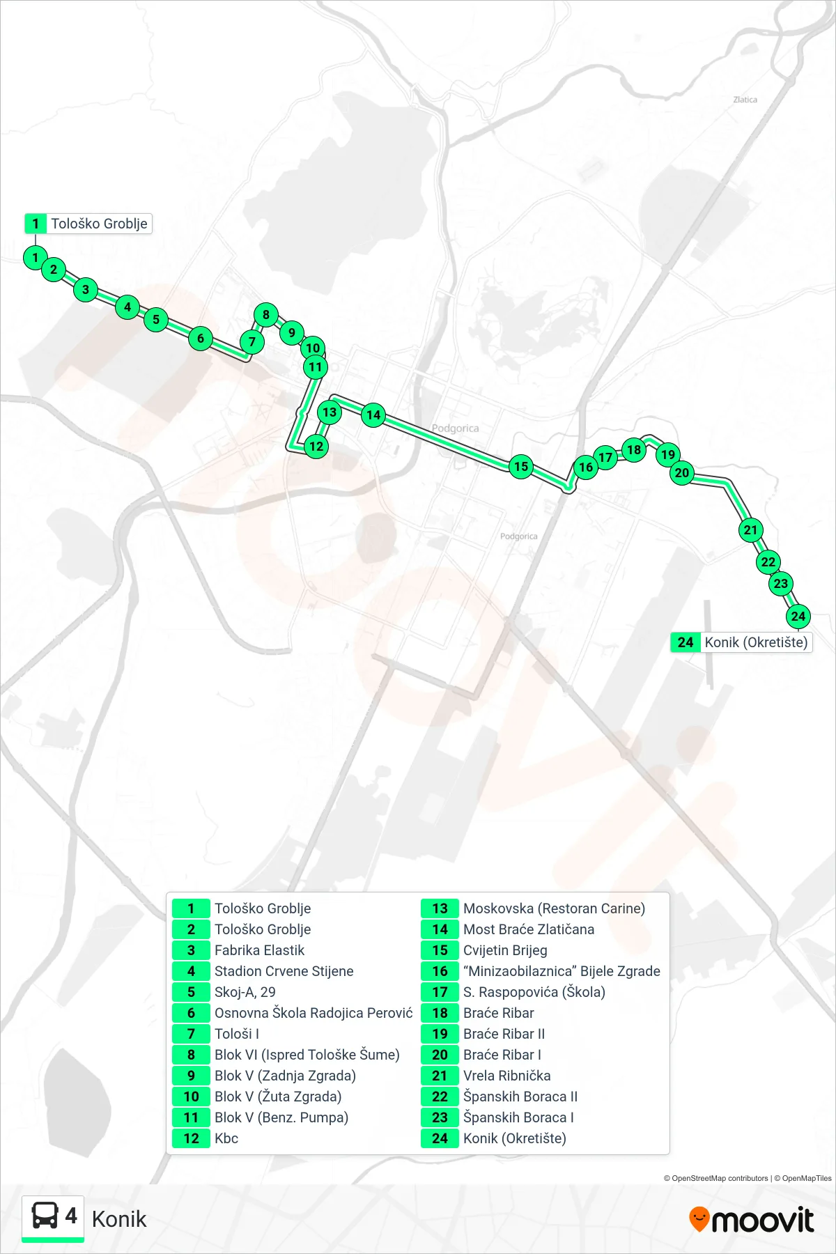 Linija 4 autobus, (Konik) – trasa i stajališta na mapi