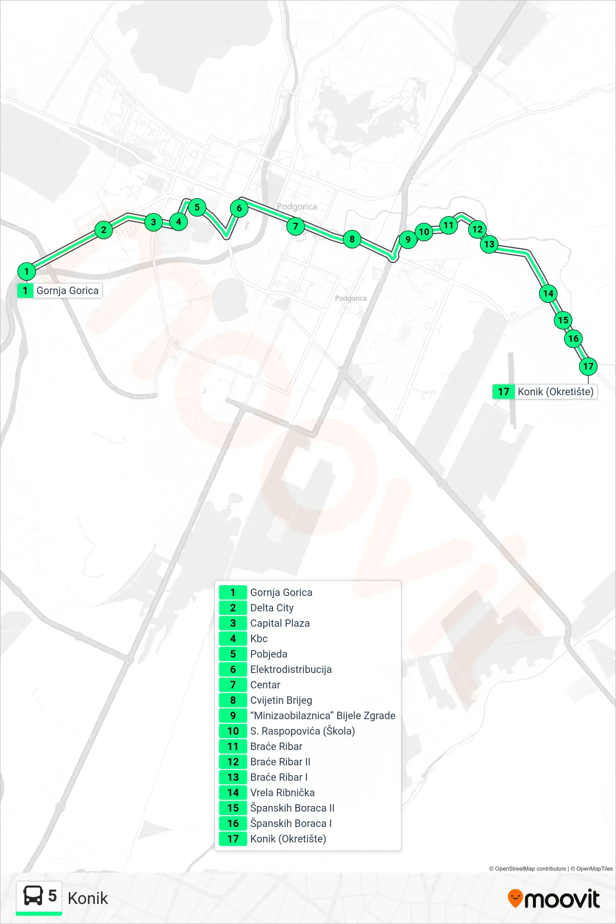 Linija 5 autobus, (Konik) – trasa i stajališta na mapi