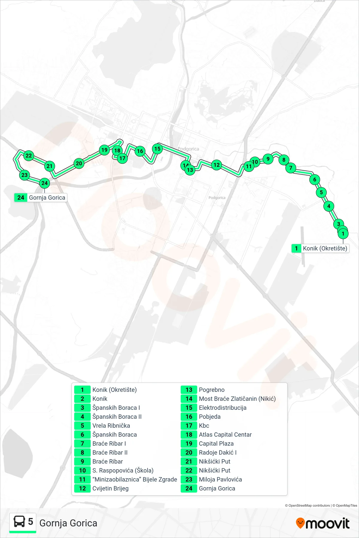 5 bus Line (Gornja Gorica) route and stops on a map