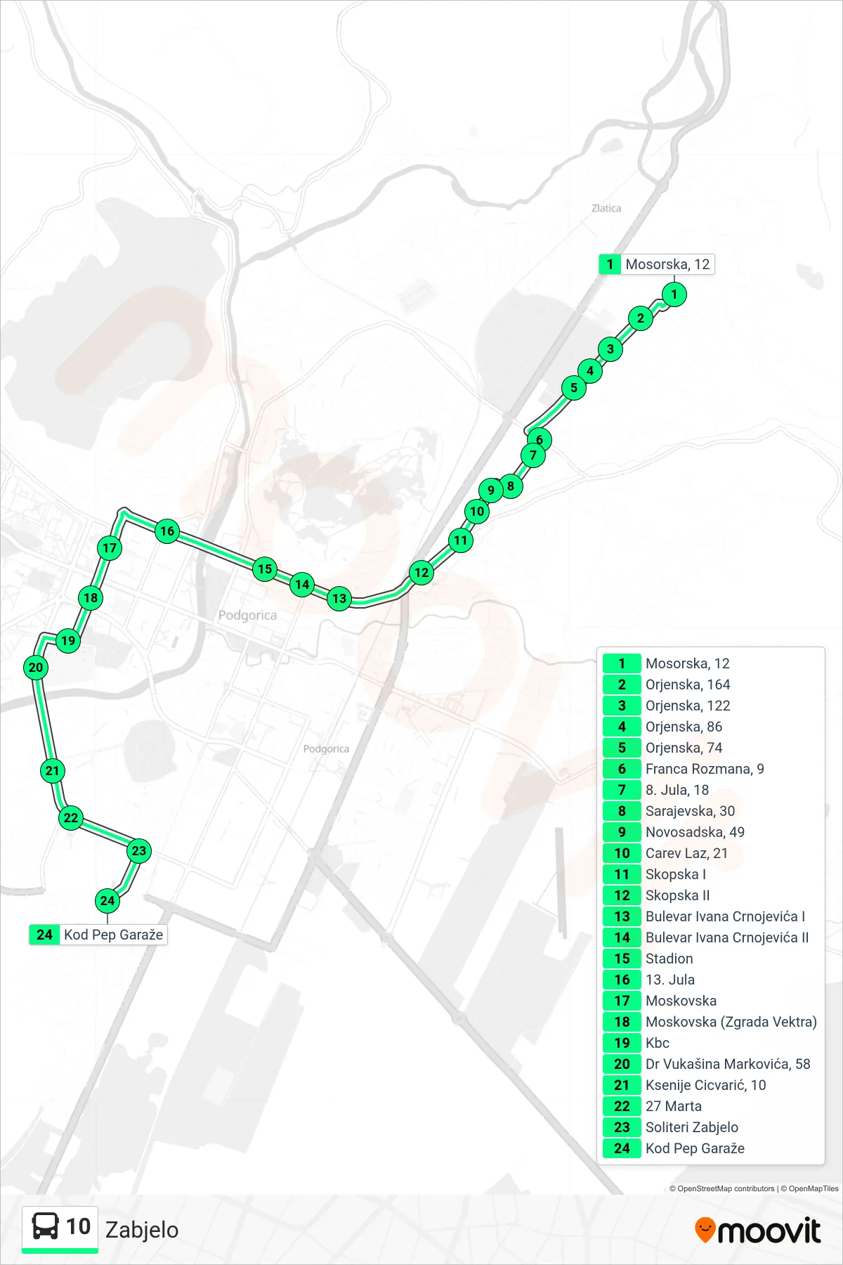10 bus Line (Zabjelo) route and stops on a map