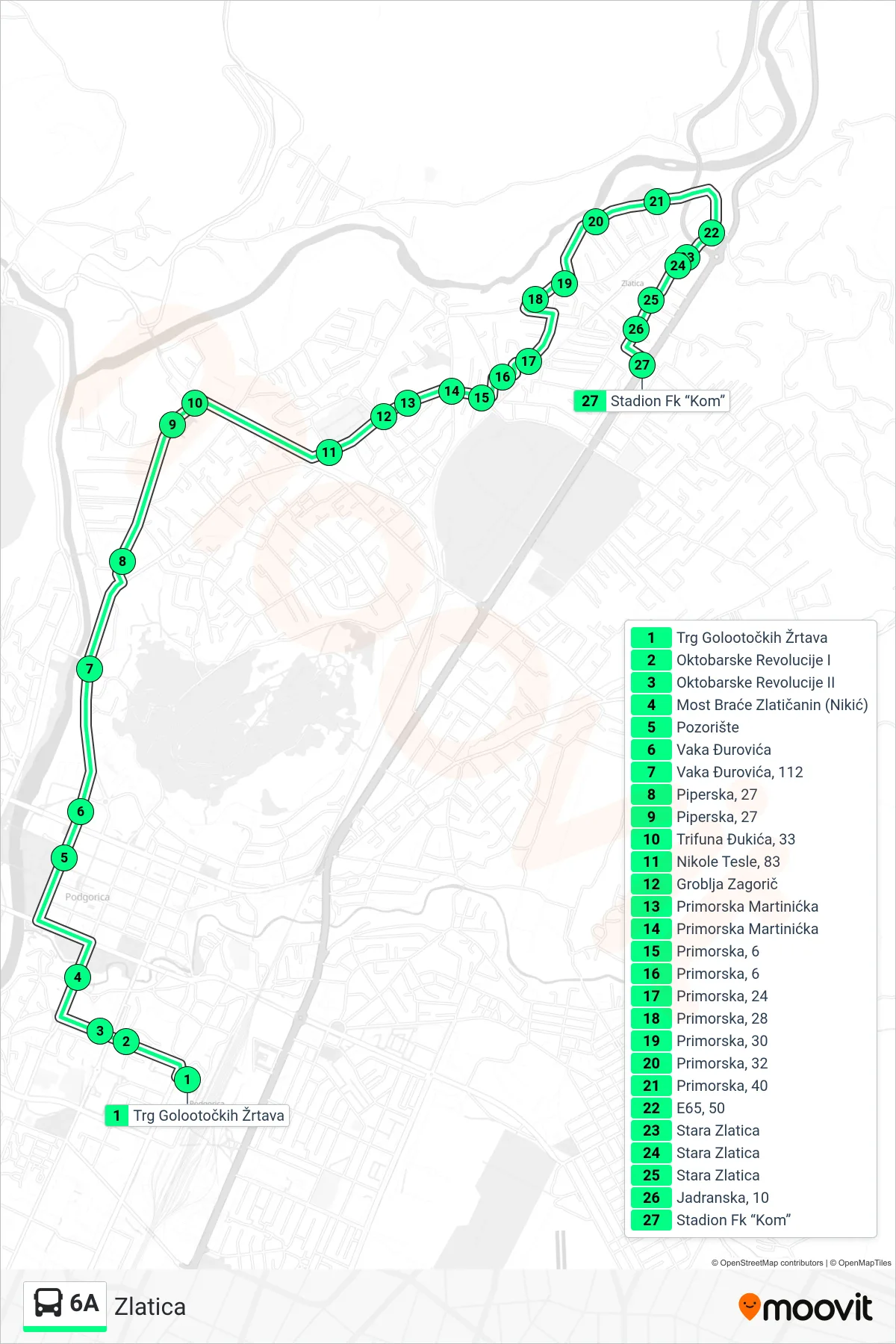 Linija 6A autobus, (Zlatica) – trasa i stajališta na mapi