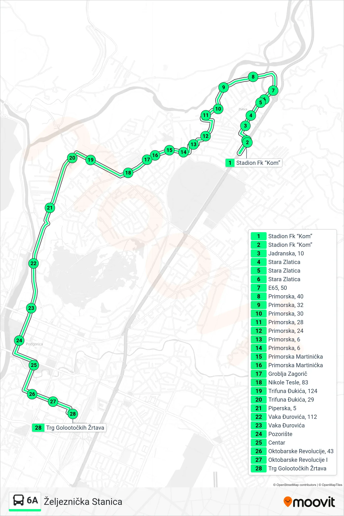 6A bus Line (Željeznička Stanica) route and stops on a map