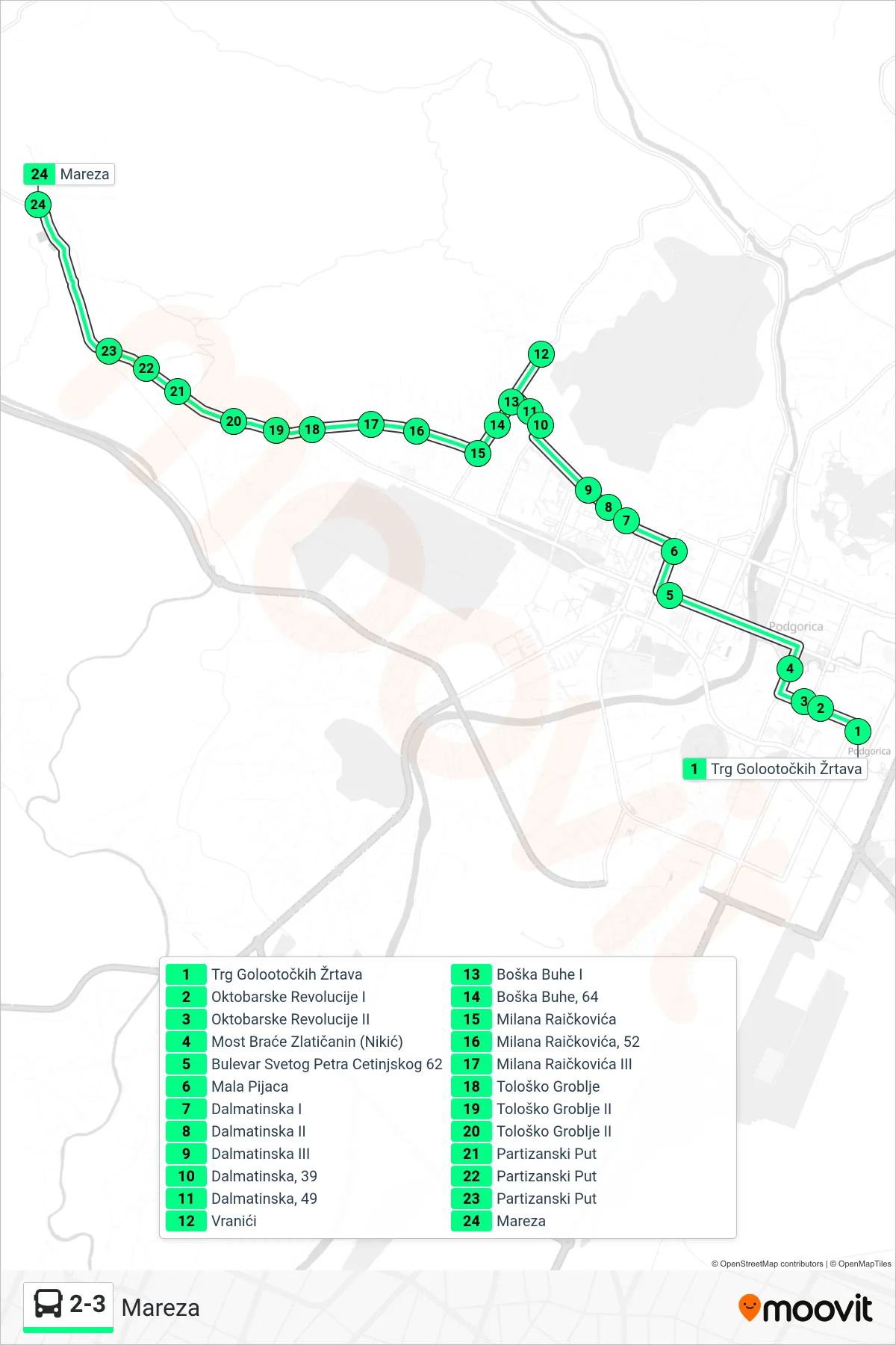 Linija 2-3 autobus, (Mareza) – trasa i stajališta na mapi