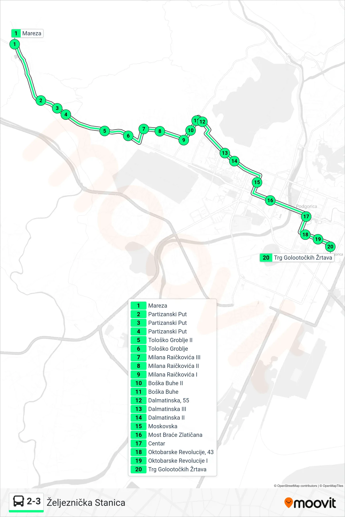 Linija 2-3 autobus, (Željeznička Stanica) – trasa i stajališta na mapi