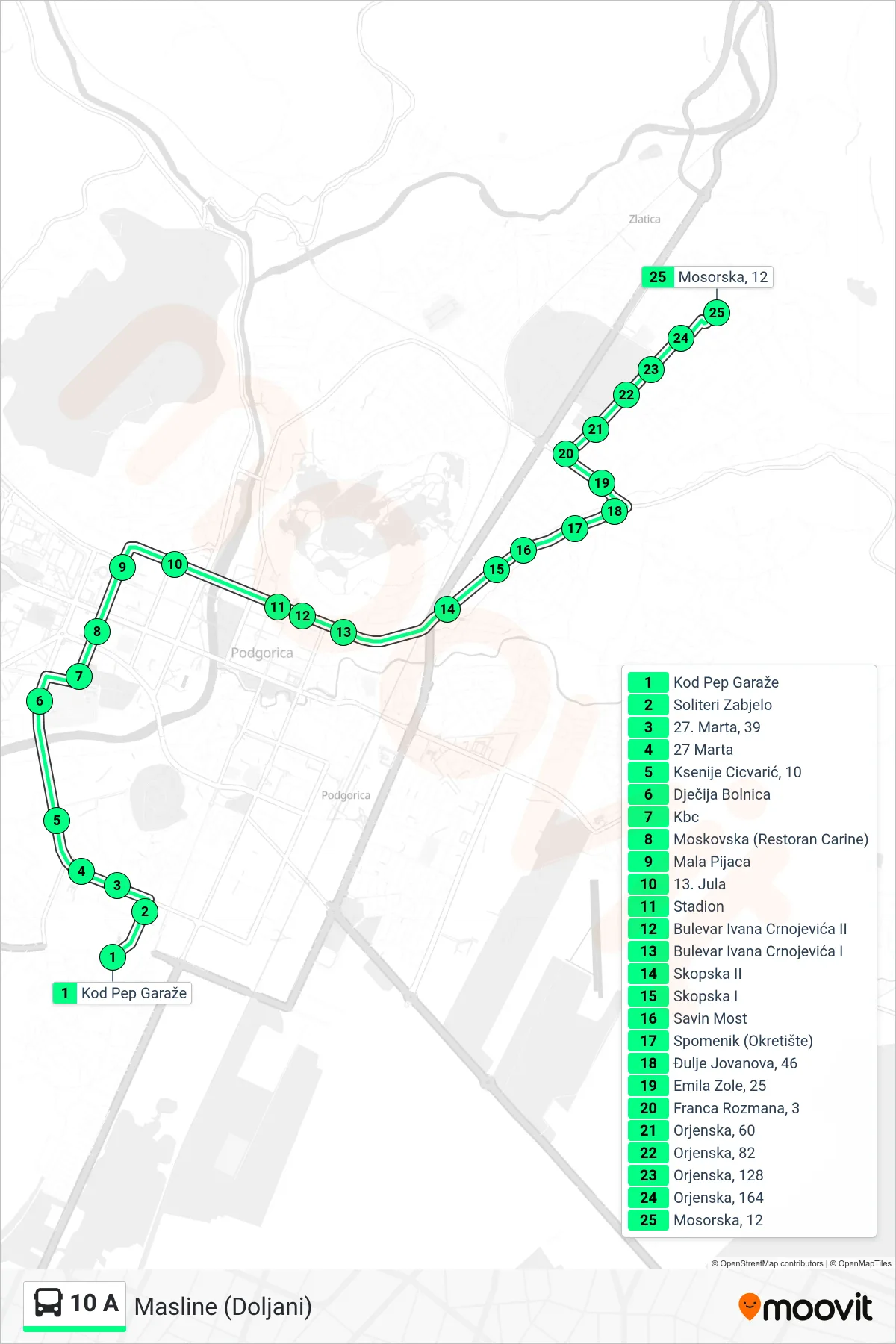 Linija 10 A autobus, (Masline (Doljani)) – trasa i stajališta na mapi