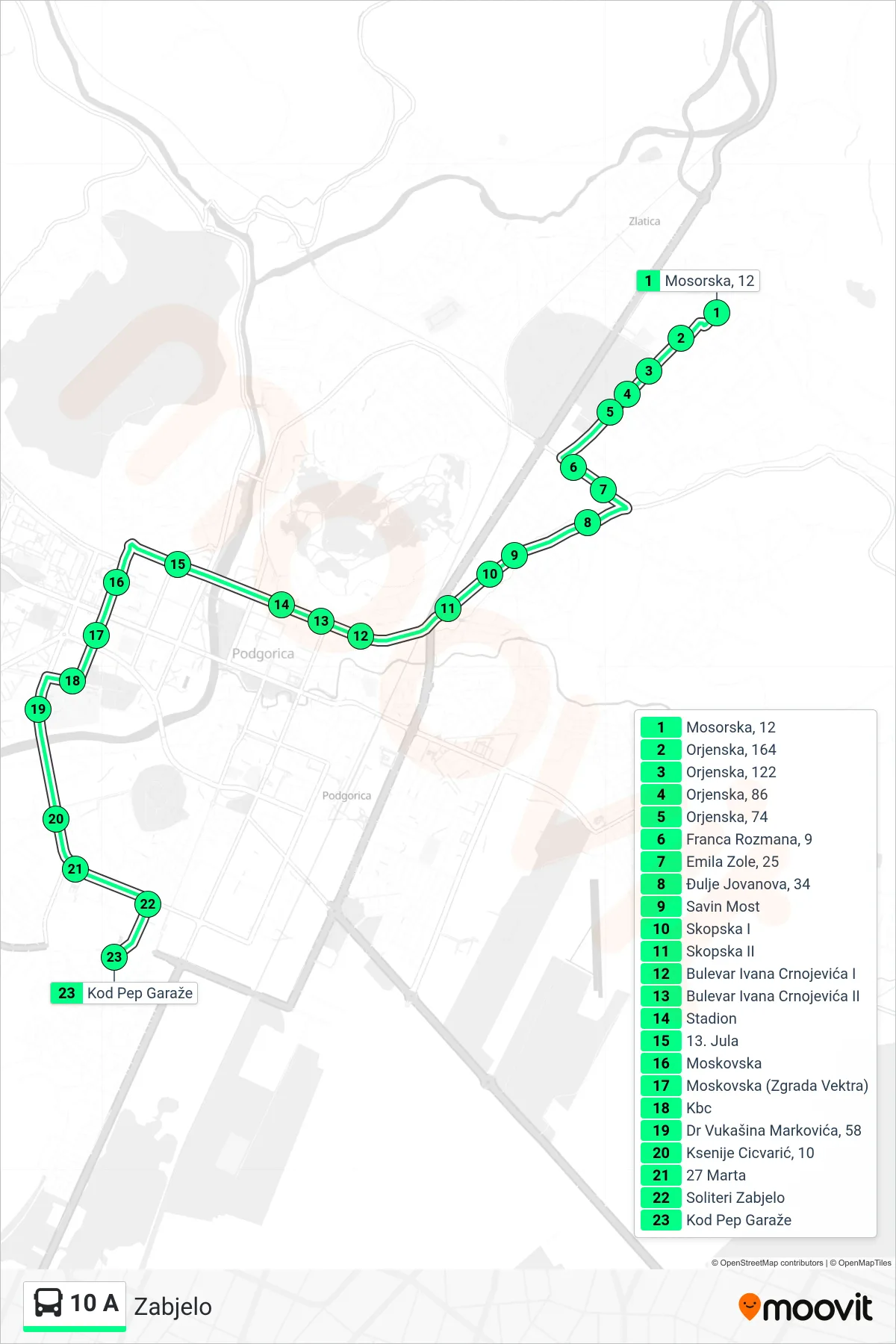 Linija 10 A autobus, (Zabjelo) – trasa i stajališta na mapi