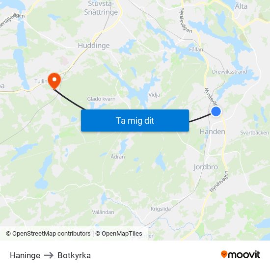Haninge to Botkyrka map