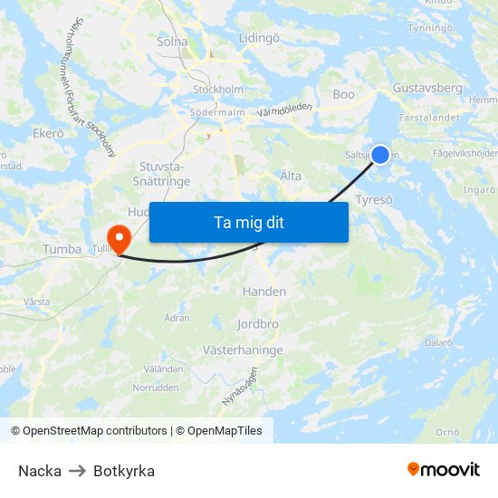 Nacka to Botkyrka map