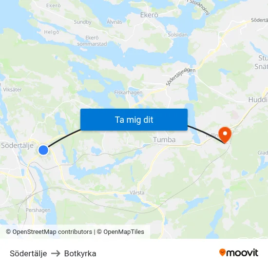 Södertälje to Botkyrka map
