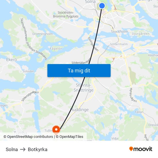 Solna to Botkyrka map